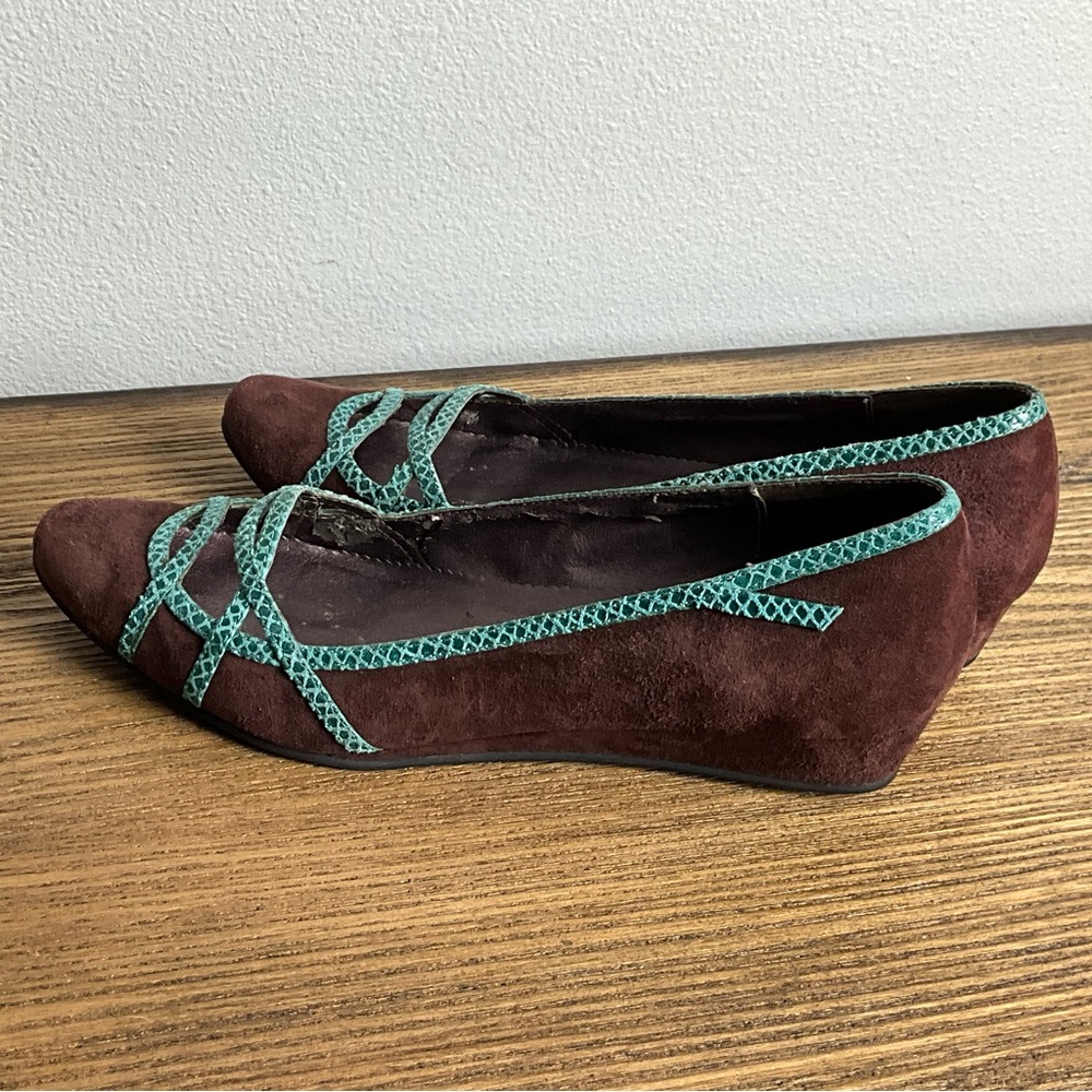 Faryl Robbin Brown Suede and Turquoise Leather Wedges - Picture 8 of 8